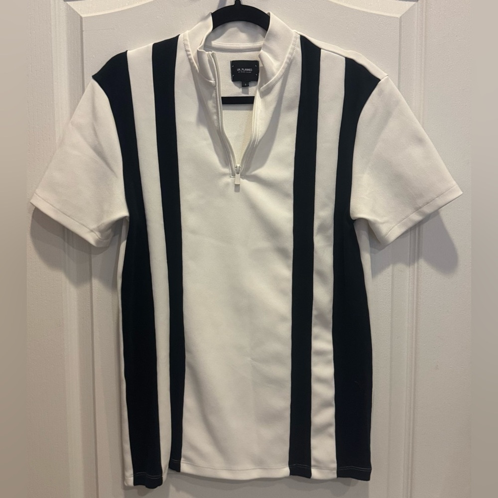 UN PLANNED BY RIVER ISLAND Striped Slim Fit 1/4 Zip Polo Shirt S White Navy Blue